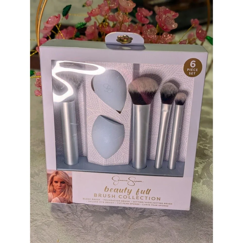 Jessica Simpson Beauty Full Brush Collection 6pc Brushes + Sponges Silver/Blue